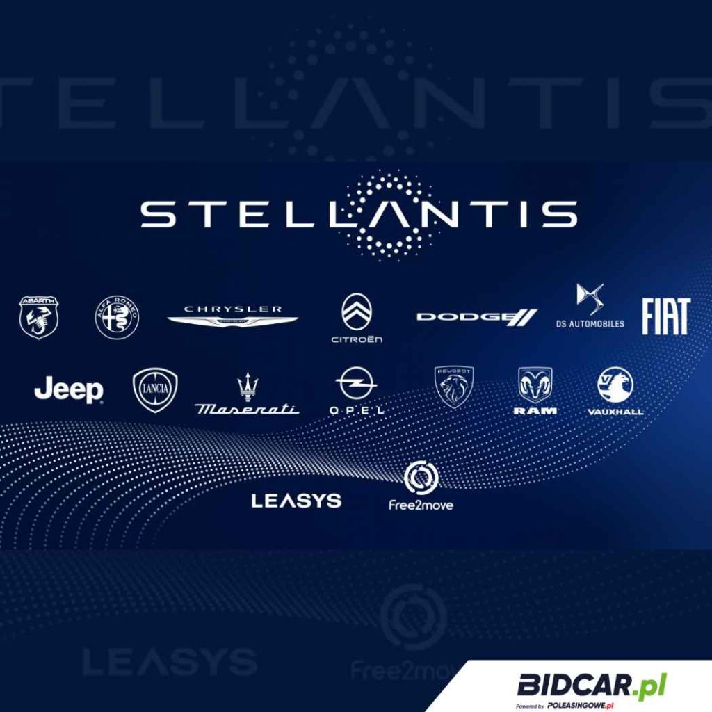 Logotyp Stellantis otoczony markami motoryzacyjnymi, takimi jak Jeep, Fiat, Citroën, Opel, Peugeot, Maserati, Alfa Romeo i inne. Widoczne logotypy Leasys i Free2Move. Grafika promocyjna od Bidcar.pl powered by Poleasingowe.pl.